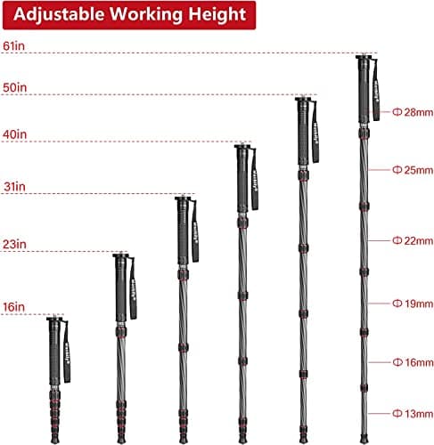 Camera Monopod Walking Stick Manbily Monopods for Cameras Stand Carbon Fiber Portable Compact Travel Monopod Unipod Stick with handle 6 Sections 61inches 15.4lbs for DSLR Video Camcorder Stand (Red) — view 6