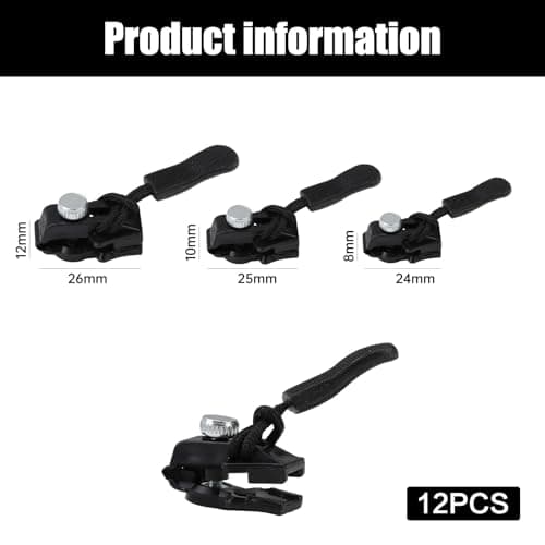 12 Pack 3 Sizes No Sew Zipper Slider Puller Repair Kit for Backpack Jackets — view 2