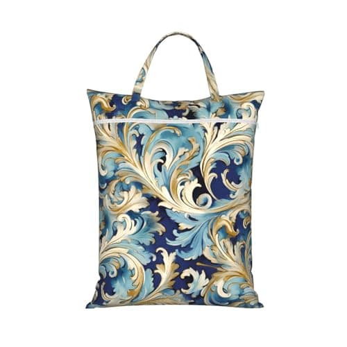 Elegant Blue Gold Florentine Travel Laundry Bag With Handle, 1 Pc Large Waterproof Dirty Clothes Bags With Zipper, Foldable Swimsuit Workout Bag Washable Wet Clothes Storage Organizer For Dorm