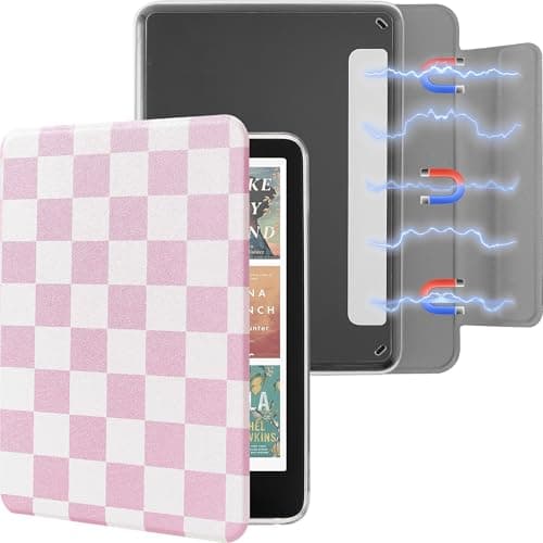 Litvana Detachable Magnetic Case for 6.8" Kindle Paperwhite (11th Generation-2021) and Kindle Paperwhite Signature Edition, Slim PU Shell Cover Case with Auto Wake/Sleep, Pink and White Checkerboard