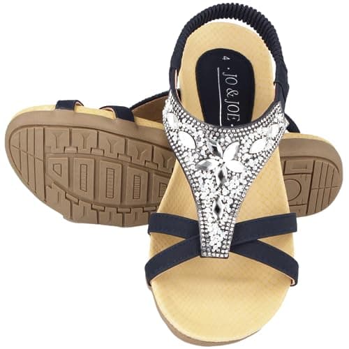 Jo & Joe Ladies Faux Leather Peep Open Toe Sling Back T-Bar Dimante Flat Flip Flop Sandals Size 3-8 (UK 5, Navy) — view 3