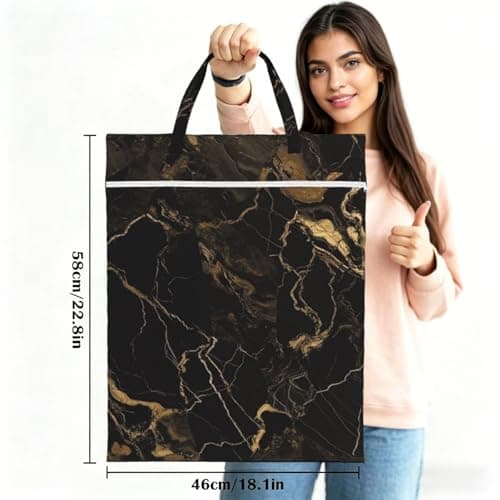 Gold Black Marble Travel Laundry Bag With Handle, 1 Pc Large Waterproof Dirty Clothes Bags With Zipper, Foldable Swimsuit Workout Bag Washable Wet Clothes Storage Organizer For Dorm — view 3