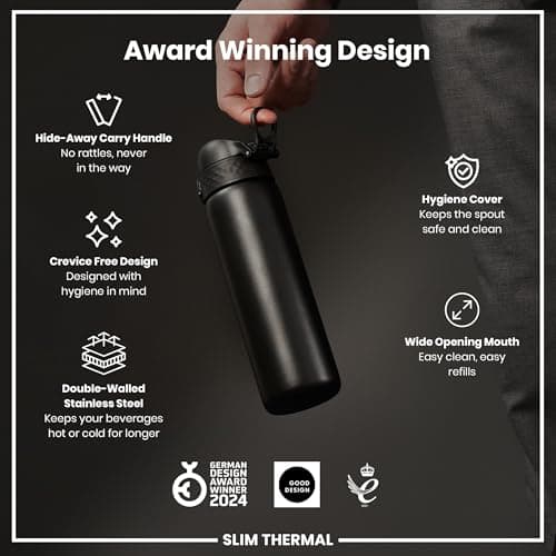 Ion8 Vacuum Insulated Steel Water Bottle, 500 ml/17 oz, Leak Proof, Easy to Open, Secure Lock, Dishwasher Safe, Fits Cup Holders, Carry Handle, Scratch Resistant, Metal Water Bottle, Black — view 6