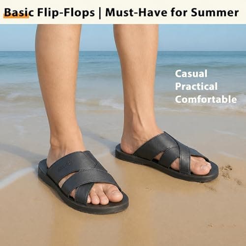 ShuCentre Aerosoft Mens Comfort Leather Look Summer Holiday Walking Flip Flops Slip On Mules Sandals (Black, UK Footwear Size System, Adult, Men, Numeric, Medium, 10) — view 3