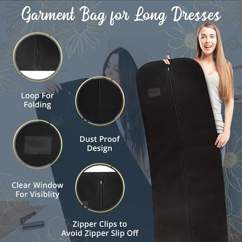 Wedcova Dress Bag | Hanging Garment Bags | Full Length Travel Covers | Wedding Long Clothes Storage Cover with Zipper for Women | 72 Inch (182cm) | Pack of 1 | Black — view 3