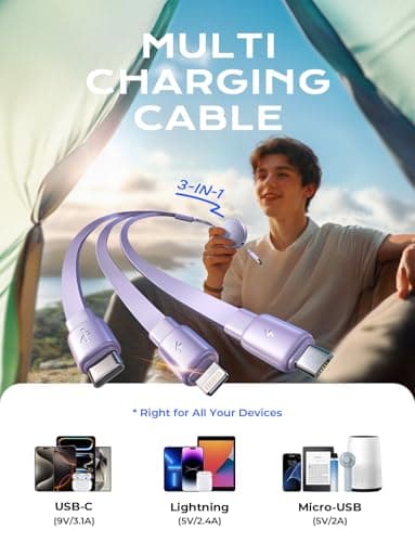 LISEN Multi Charger Cable, Retractable USB C to USB Charging Cable 3 in 1 Charger Lighting/Micro USB Cable, Travel Chargers for Multiple Devices for iPhone 17 16 15 14 Pro/Galaxy S25/Switch2, Purple — view 2