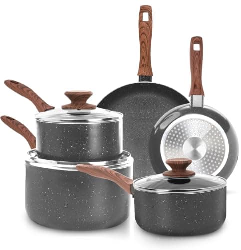 Kichly Non-Stick Granite 8 Pcs Cooking Pots and Pans Set Nonstick Cookware Induction Hob pan Set with 20cm, 28cm Frying Pan Set and 20cm,18cm & 16cm Saucepan Set with Lids (Grey)