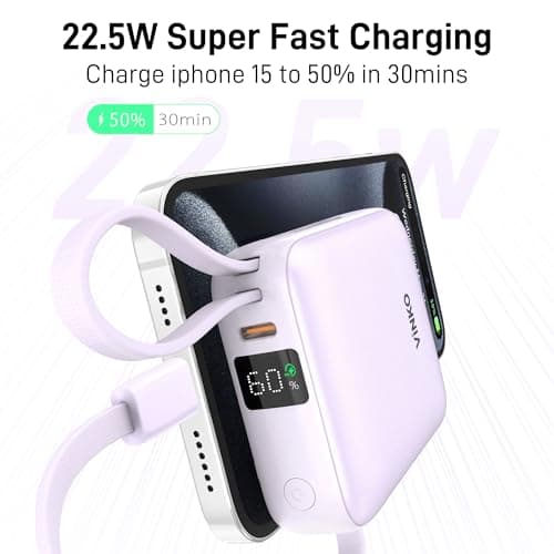 VINKO Small Power Bank with Built-in Cable,10000mAh Fast Charging Power Bank, 22.5W USB C Portable Charger, Mini Battery Pack for iPhone 16 15 14 13 Samsung Galaxy Google Android (Purple) — view 3