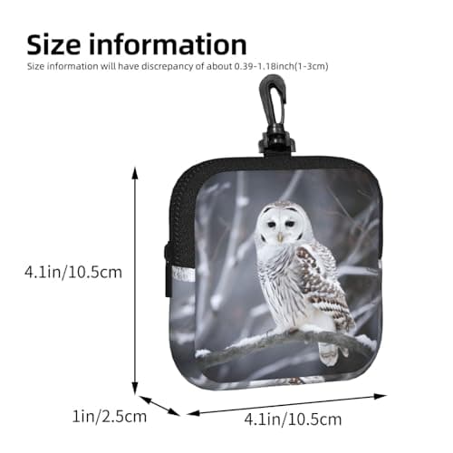 Mini Pouch with Carabiner, Neoprene Travel Makeup Bag with Zipper Tool Storage Pouch Winter White Owl Coin Purse Portable Earbud Case Waterproof Card Holder Wallet for Women Men — view 3