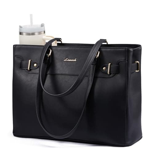 LOVEVOOK Laptop Handbags for Women, 15.6 Inch Tote Bags Large Ladies Work Bags with Compartments, PU Leather Shoulder Hand Bags with Large Cup Holder for for Work/College/Travel, Black