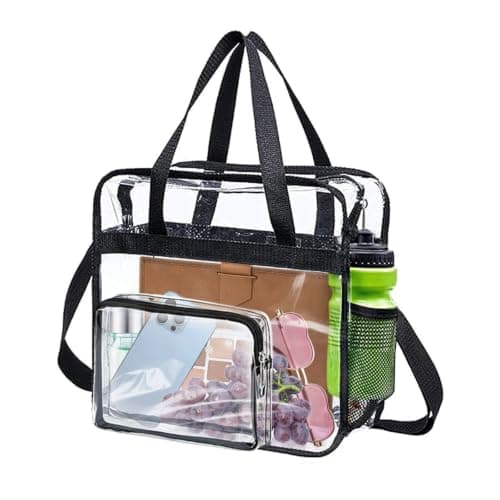 Megcdtr Clear Tote Bag with Zipper and Adjustable Shoulder Strap(Black)