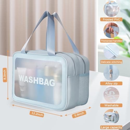 Large Clear Wash Bag, Dry Wet Segregation Toiletry Bag with Hollow Mesh Portable Makeup Bag PVC Waterproof Cosmetic Bag Travel Toiletries Bags for Women Men (Large-Blue) — view 5