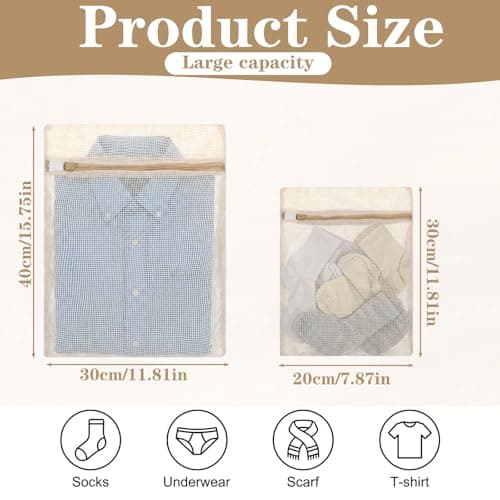 Matwsec 2PCS Cotton Lingerie Bags for Washing Delicates, Mesh Laundry Wash Bags with Zipper for Bra Underwear Clothes Socks, 40x30cm and 30x20cm — view 2