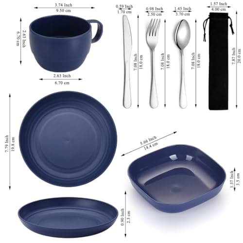 Camping utensils set, ReaNea Camping Plates And Bowls Set With Coffee Mug, Travel Cutlery Set Include Spoon, Fork, Knife for Home, Poolside, Outdoor, Picnic, Camp — view 2