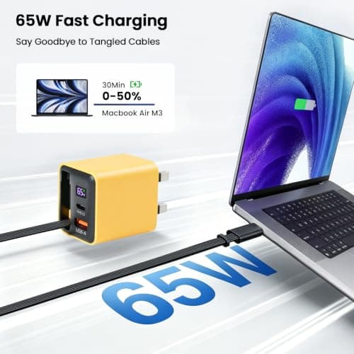 65W USB C Charger, 3-Port GaN Fast Charging Plug with 0.6m Retractable Cable & LED Display, Compatible with MacBook, iPhone, iPad, Galaxy, Laptops, Tablets, Steam Deck, Yellow — view 3