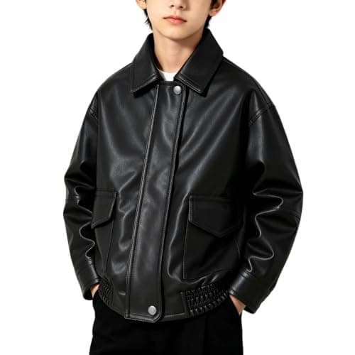 TTHVYE Kids Outdoor Casual Jacket Boys Girls Faux Leather Long Sleeve Zippered Lapel Vintage Biker Style Warm Top for Children Age 1-13 Years Windproof Athletic Daily Travel School Walking​