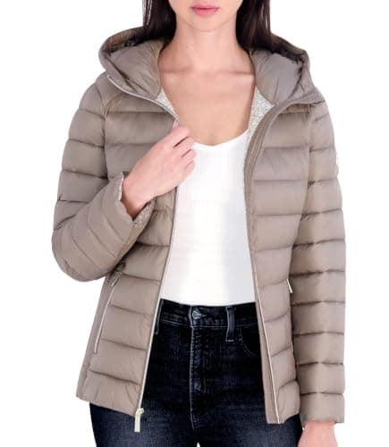 Michael Kors Women's Packable Puffer Jacket, Lightweight Down Alternative, Taupe, M