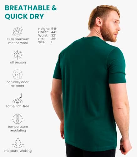 100% Merino Wool T Shirt Mens - Merino Wool Base Layer Men + Hiking Socks (Large, Emerald Green) — view 2