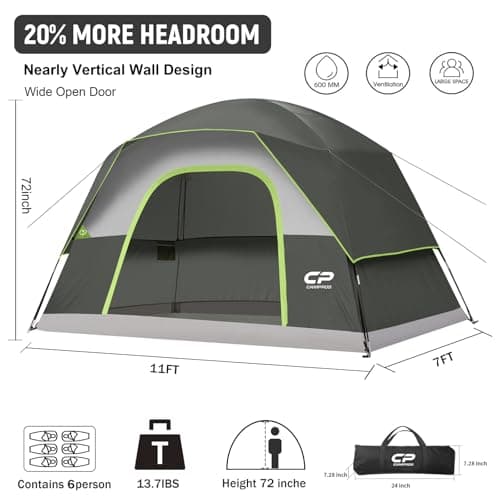 CAMPROS CP Large Family Tent for 6 People, Spacious Waterproof Camping Tent with 182 cm Standing Height, Easy Setup Dome Tent with Separate Living Space & Mesh Ventilation for Family Camping Holiday — view 2
