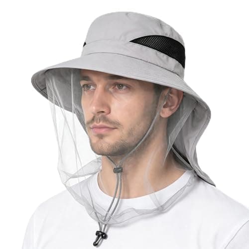 Mosquito Head Net Hat for Men Women, Midge Net Hat with Breathable Mesh, Foldable Anti Mosquito Fishing Hat, Quick Dry Safari Sun Hat with Insect Face Net for Camping Hiking Gardening (Gray)