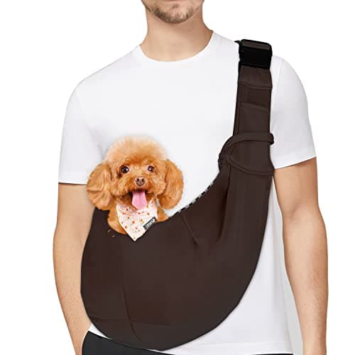 PETLOFT Puppy Sling, Dog Sling, Cat Sling, Adjustable Puppy Sling Carrier with Collar Hook for Small Pets up to 4.5kg, Brown