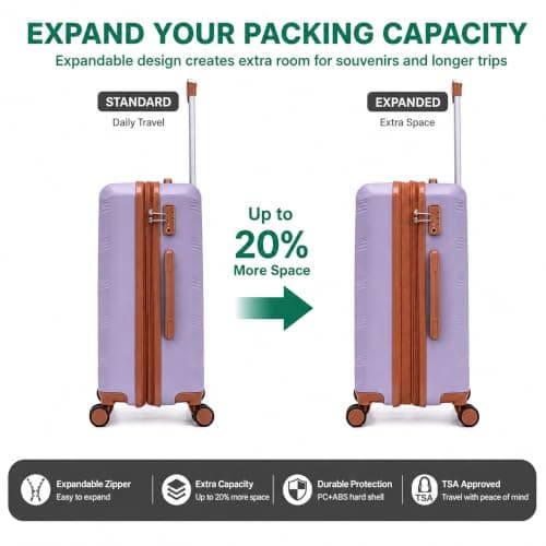 CONCEPTEN Expandable Hardshell Luggage Set 5 Piece, 22x14x9 Airline Approved Carry On, 20/24/28" Suitcase Set with TSA Lock, Spinner Wheels, ABS+PC (Purple) — view 6