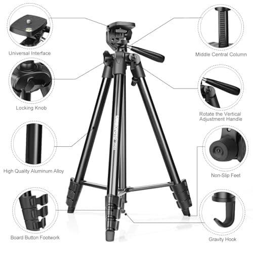 CAMBOFOTO Portable Tripod for Live Stream134cm/52.75in Aluminum Lightweight Tripod with Phone Holder for Camera and for iPhone and Other Android Smartphones … — view 2
