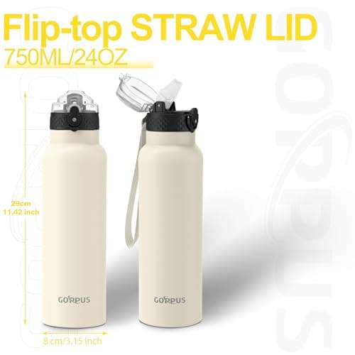 GOPPUS 750ml/26oz Stainless Water Bottle with Straw Double Wall Insulated Bottles with Strap Reusable Vacuum Thermal Flask Leakproof Keep Cold Drinks Bottles with Flip Top Lid BPA Free (Beige) — view 2