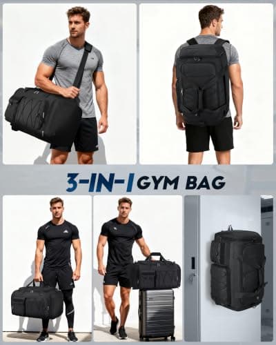 RAINSMORE Sports Gym Bag for Men Women, 45L Large Duffel Bag with Shoe Compartment and Wet Pocket, Water Resistant, 3-in-1 Travel Holdall Weekender Black — view 2