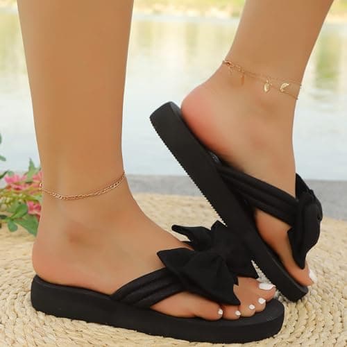 Flower Flip Flops Women Beach Slippers Size 8 Boho Open Toe Slip on Flat Sandals Summer Comfortable Yoga Mat Thong Sandals for Pool, Travel Vacation Slippers Bow Black Footwear Gift — view 4