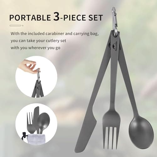 Naturehike Titanium Camping Cutlery Set - Lightweight Camping Cutlery for One - Knife, Fork and Spoon Set with Carabiner and Bag for Hiking and Travel — view 3