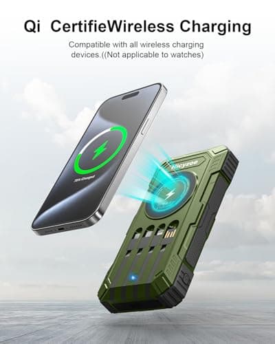 Solar Power Bank, 26800mAh Power Bank with 4 Built-in Cables, Portable Charger with USB-C Fast Charging, Qi Wireless Charging with LED Flashlights, for Cell Phones, Tablets, and Camping — view 4