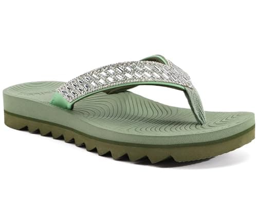 KuaiLu Womens Orthopedic Flip Flops with Arch Support Yoga Mat Cushion Fashion Rhinestone Sandals Summer Walking Beach Travel Thong Slides Comfy Plantar Fasciitis Indoor Outdoor Sandles Green 6.5