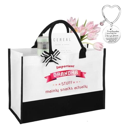 Gifts for Grandma, Canvas Tote Bag and Heart Keychain Set, Practical Grandma Gifts for Birthday Christmas Mothers Day, Thoughtful Shopping Bag Present from Grandchildren, Reusable Bag for Daily Use