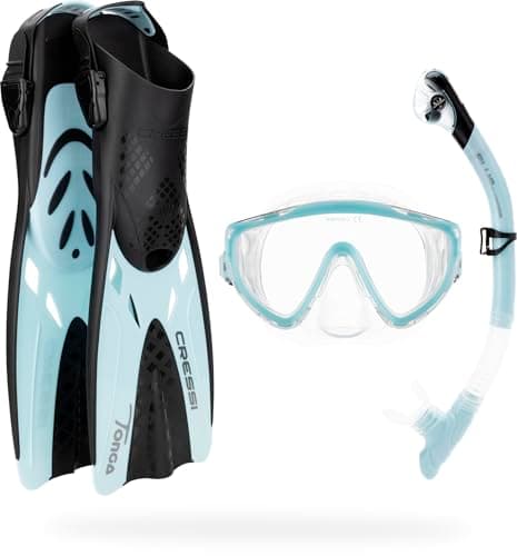 Cressi Tino Adventure Set Black/Ice Cyan [L/XL] - Snorkel Set Tonga Fins, Tino Mask and Scilla Snorkel for Snorkelling and Diving, Black/Ice Cyan, L/XL, Adults