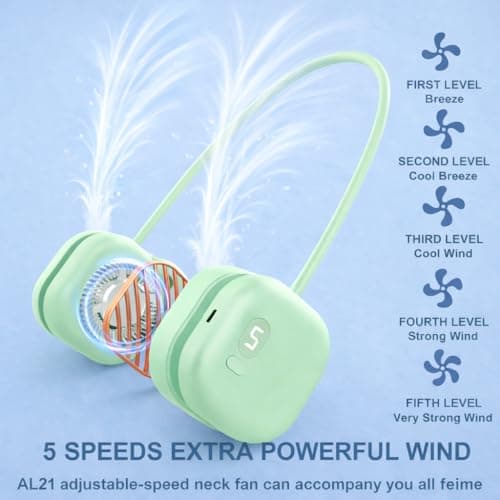 Foluu Rechargeable Neck Fan with 5 Speeds & Digital Display - Portable Hands-Free Personal Fan with 120 Blades Turbine, 360° Flexible Silicone, Ultra-Quiet 40dB - for Travel, Sports, Office (Green) — view 3