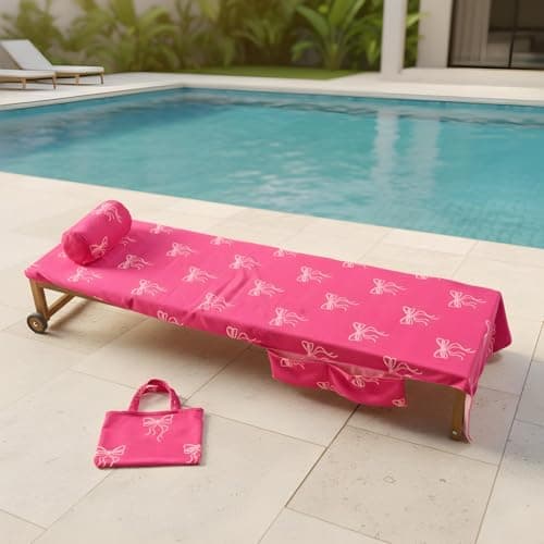 OHS Bow Print Sunbed Towels with Pockets Quick-Dry Absorbent Large Beach Towel in a Bag & Beach Pillow Inflatable Sun Lounger Bolster Pillow Microfibre Travel Summer Holiday Essentials Bundle, Pink — view 6