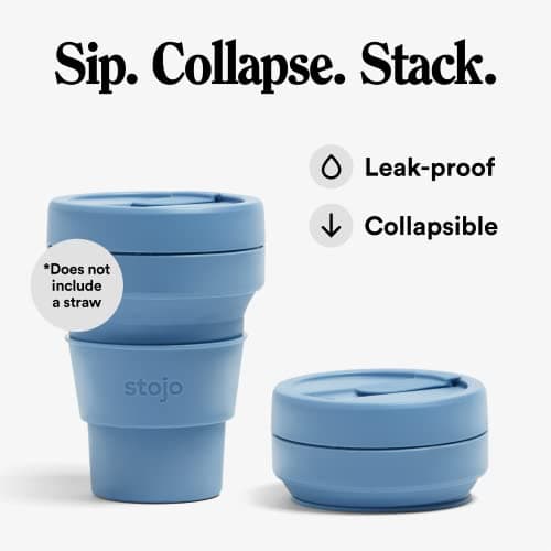 STOJO On-The-Go Collapsible Coffee Cup - 12oz / 355ml - Reusable & Foldable Silicone Travel Mug with Lid - Portable, Pocket Size - Dishwasher Safe - Steel Blue — view 2