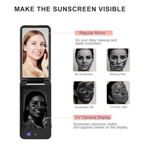 UV Mirror for Sunscreen Test, with UV Mirror Sunscreen Camera, Sun Protection Visualization Rechargeable Travel Makeup Mirror, 4inch Pocket, with USB-C Charging Cable,Black — view 2