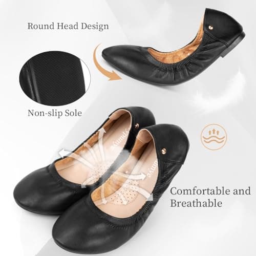OFFCUP Roll up Shoes, Black Leather Ballet Flats, Portable Round Toe Slip On Dolly Shoes, Ballet Pumps for Women Ladies for Weddings and Parties Work Office Formal (UK 5) — view 5