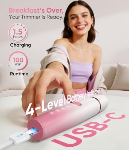 Facial Hair Remover for Women,4-in-1 Bikini Trimmer Women,USB C Mini Lady Shavers with 4-Level Battery Indicator (25%, 50%, 75%, 100%) Eyebrow Razor,Nose Trimmer,for Face Nose/Ear Body,Gradient Pink — view 5