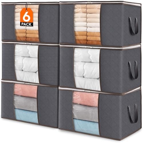 Lifewit 60L Clothes Storage Bags, Foldable Storage Box Moving Bags Wardrobe Storage Organiser Packing Boxes for Moving House with Clear Window for Clothing Bedding Blankets, Grey, 6 Pack