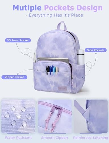 VASCHY School Backpack, 17L Lightweight Bookbag School bag for Boys Girls Casual Basic Simple Daypack for Men Women Lavender Tie-Dye — view 5