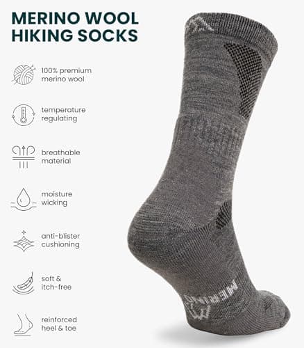Merino.tech Merino Wool Socks Mens and Womens - Merino Wool Hiking Socks Crew Style (Light Grey Pack of 3, 4-8) — view 2