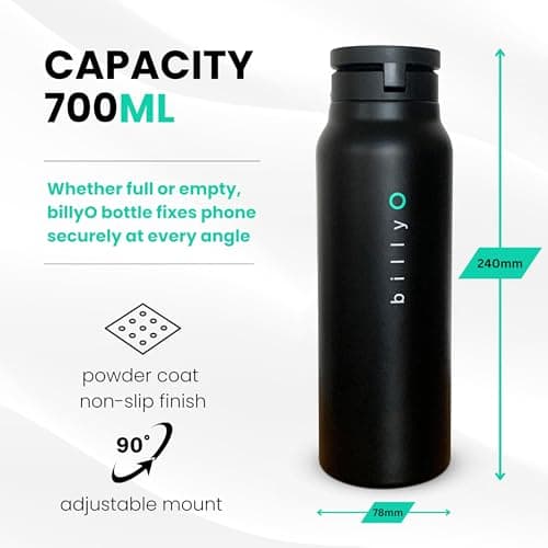 BillyO Bottle Gym and Sport Flask with Adjustable Phone Holder/Tripod | 700ml Stainless Steel Insulated Bottle with Magnetic Leak-Proof Lid | Nozzled and Screw-Topped | 24 Hours Cold, 12 Hours Hot — view 3