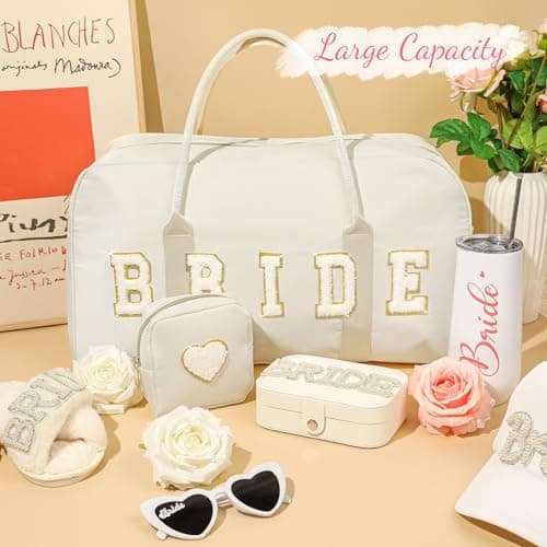Bride Bag Bridal Shower Gifts 2 Pcs Wedding Weekender Tote Groom Duffel Chenille Letter Bag with Shoes Compartment Bachelorette Gifts for Bride to Be (White, Bride) — view 5
