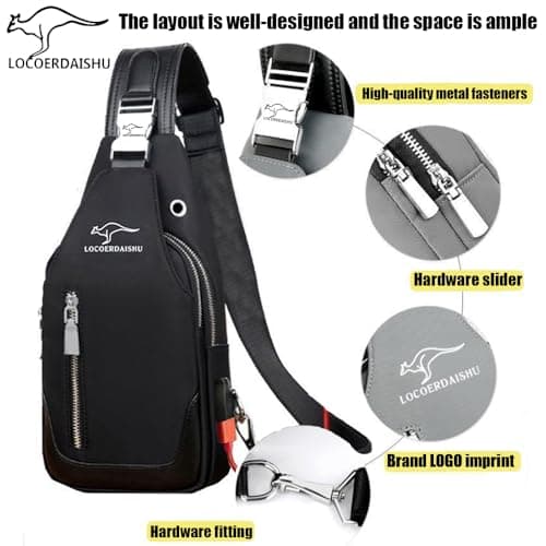 Men's Waterproof Sling Bag, Oxford cloth Chest Shoulder Crossbody Bag Crossbody with Double zipper USB Charging Port Adjustable Strap, Lightweight Casual Daypack for Hiking, Travel, Camping (Black) — view 5