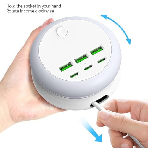 6-Port USB Charger with 8-Color Night Light, Retractable USB Extension Lead, Multi-Device Charging Hub with Safety Switch, Compact Power Strip for Home Office Bedroom Travel — view 4