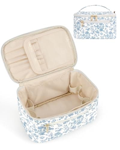 Travel Makeup Bag Quilted Fabric Large Cosmetic Bag with Brush Compartment, Blue Flower