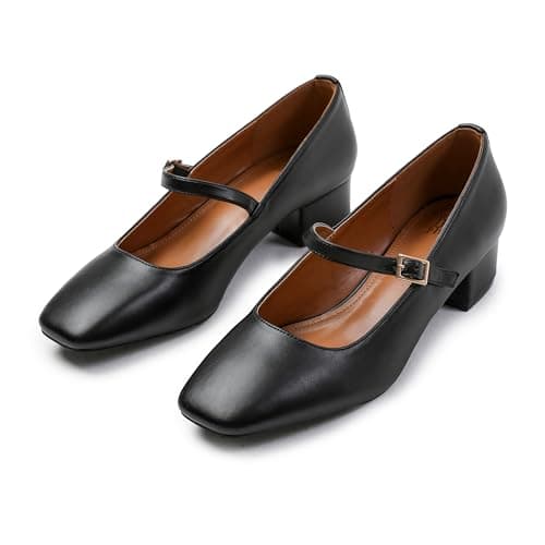 Womens Low Mid Block Heel Ankle Strap Smart Work Office Comfort Court Shoes Wide Fit Closed Toe Comfy Party Casual Travel Shoes Black Faux Leather — view 3